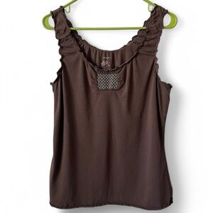 Y2K Brown Tank Top Ruffle with Smocked Detail Size S/M Minimal Staple
